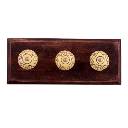 Yellow Brown Leaf Flower Etched Ceramic Wooden Hooks